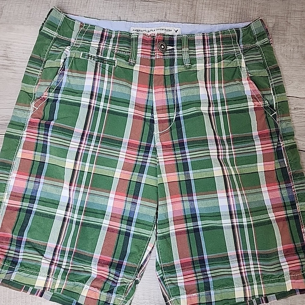 Vintage American Eagle Plaid Madras Shorts Men's 30 Green Classic Length